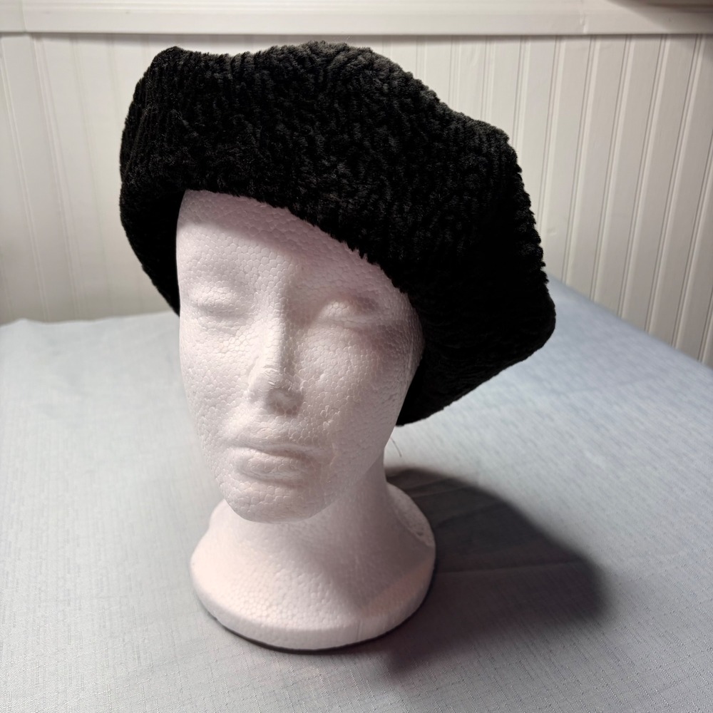 Unbranded Beret Hat OS Black Faux Persian Lamb Curly Textured Vintage Style